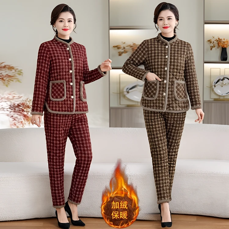 冬季新款妈妈装加厚棉衣棉裤套装中老年女加绒保暖棉袄棉服两件套