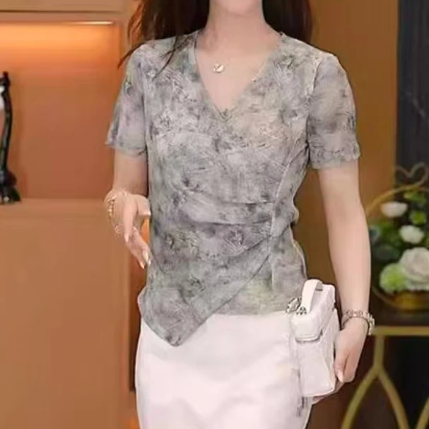 2025夏季新款时尚V领褶皱不规则显瘦衬衫百搭洋气上衣9677长55