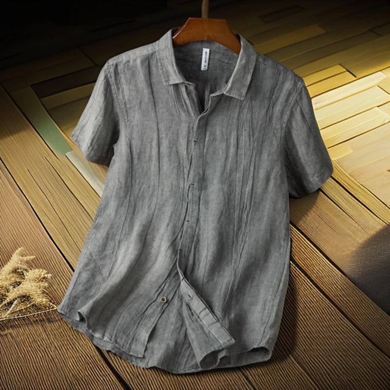 【百分百纯亚麻】复古压皱短袖亚麻衬衫男士夏季透气宽松短袖衬衣