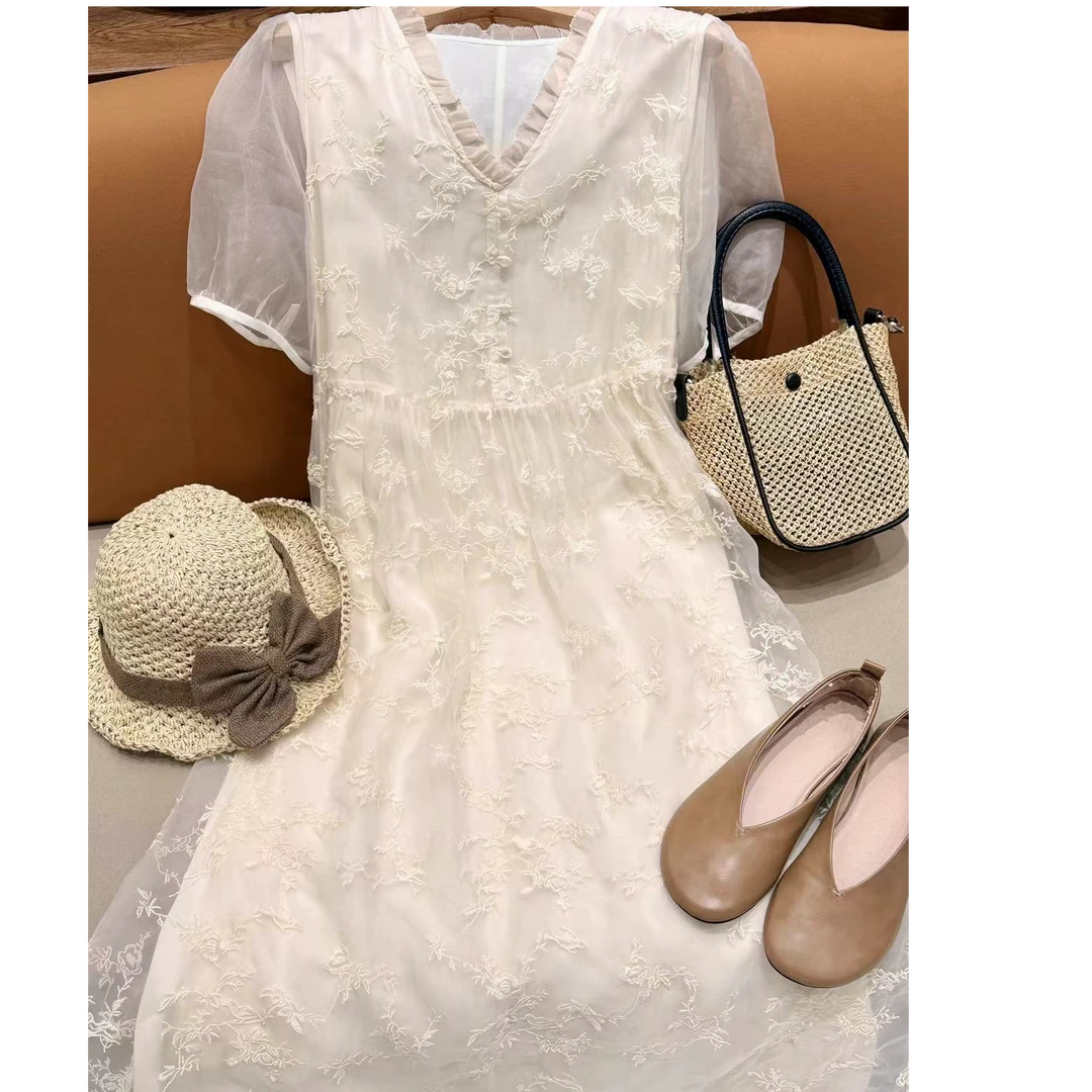 [68岁小姐姐]仙气甜美减龄网纱拼接刺绣木耳边v领连衣裙QY4 2073