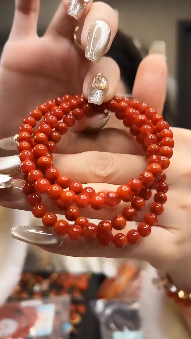 未镶嵌圆珠多圈链南红玛瑙锦红色/5.8~6mm/原矿