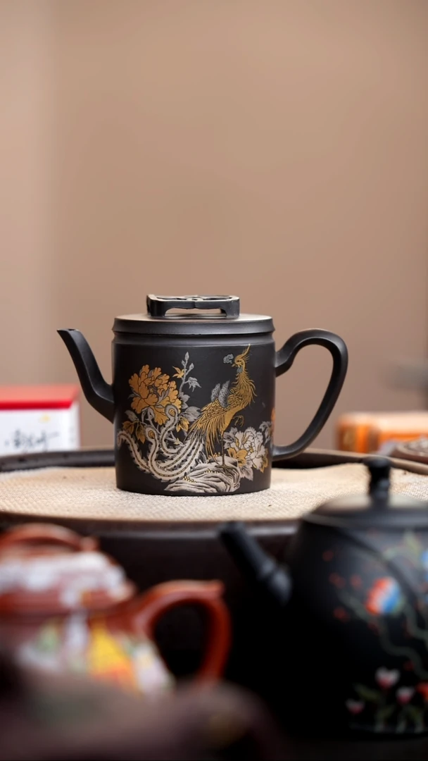 茶壶紫砂卿*安黑墩头高汉瓦金银错凤凰+杯008