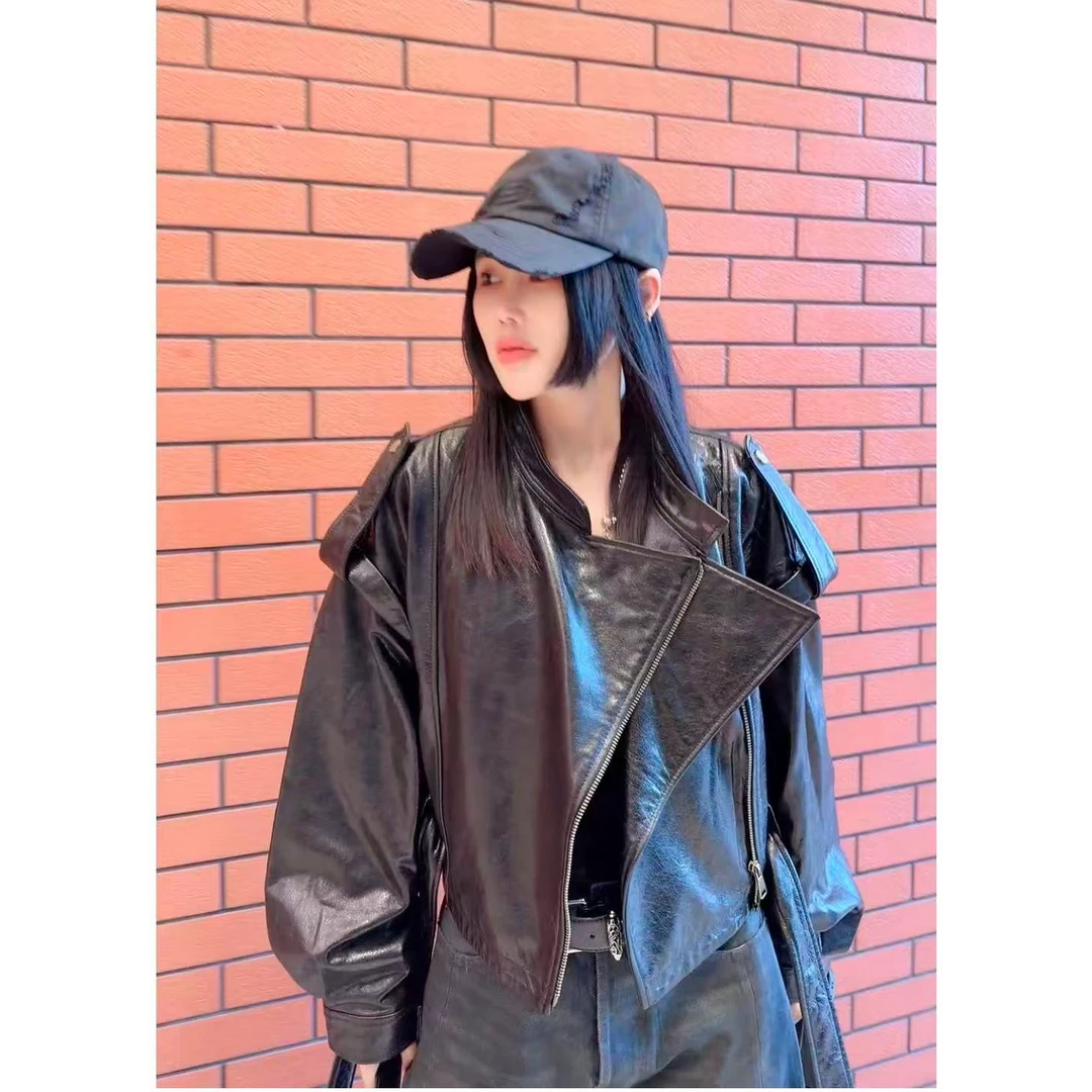 RUYIFASH斜拉链腰带真皮外套