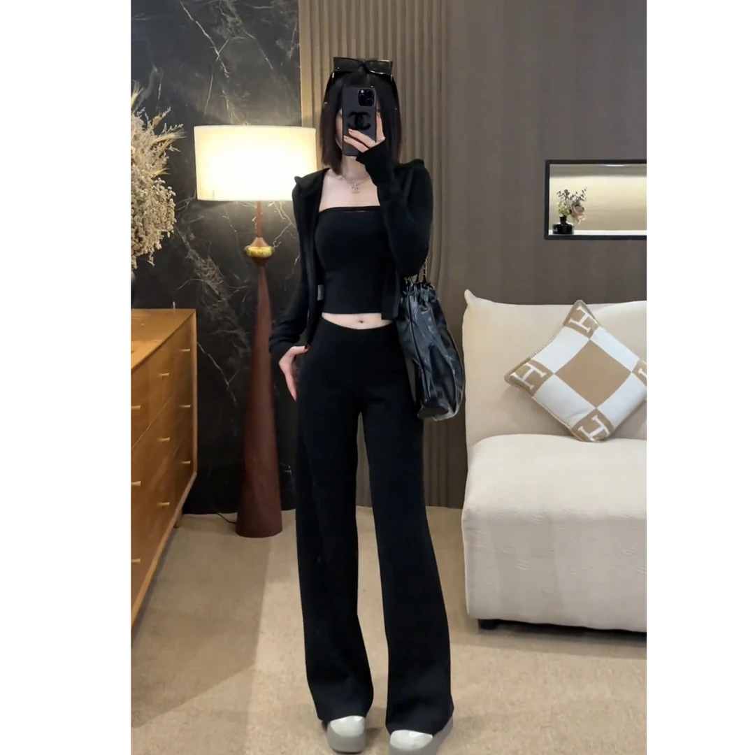 2025秋季新款时尚休闲辣妹风宽松显瘦慵懒吊带开衫裤子三件套