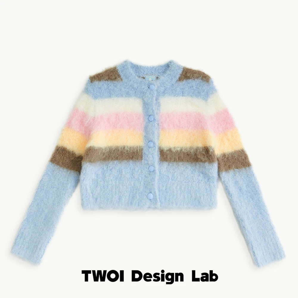TWOI HIGHHIGH "费尔岛系列" 「奶油彩色短款厚厚羊驼开衫毛衣」