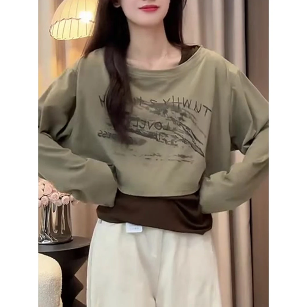 欧货字母时尚复古洋气卡其色上衣内搭女2025早秋设计感打底上衣