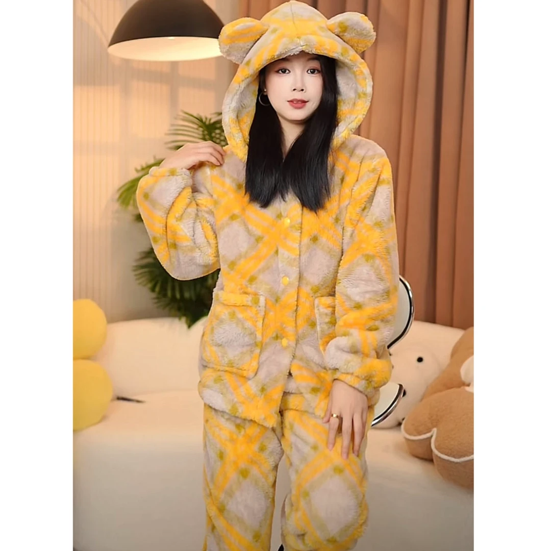 [暖调橘黄韩版】可外穿连帽加绒加厚时尚轻奢睡衣套装