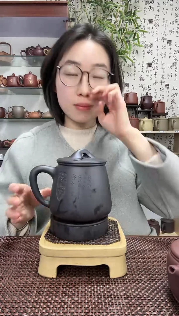 【闪购商品】紫砂茶杯宜兴紫砂盖杯无礼盒黑料刻字静心五件套