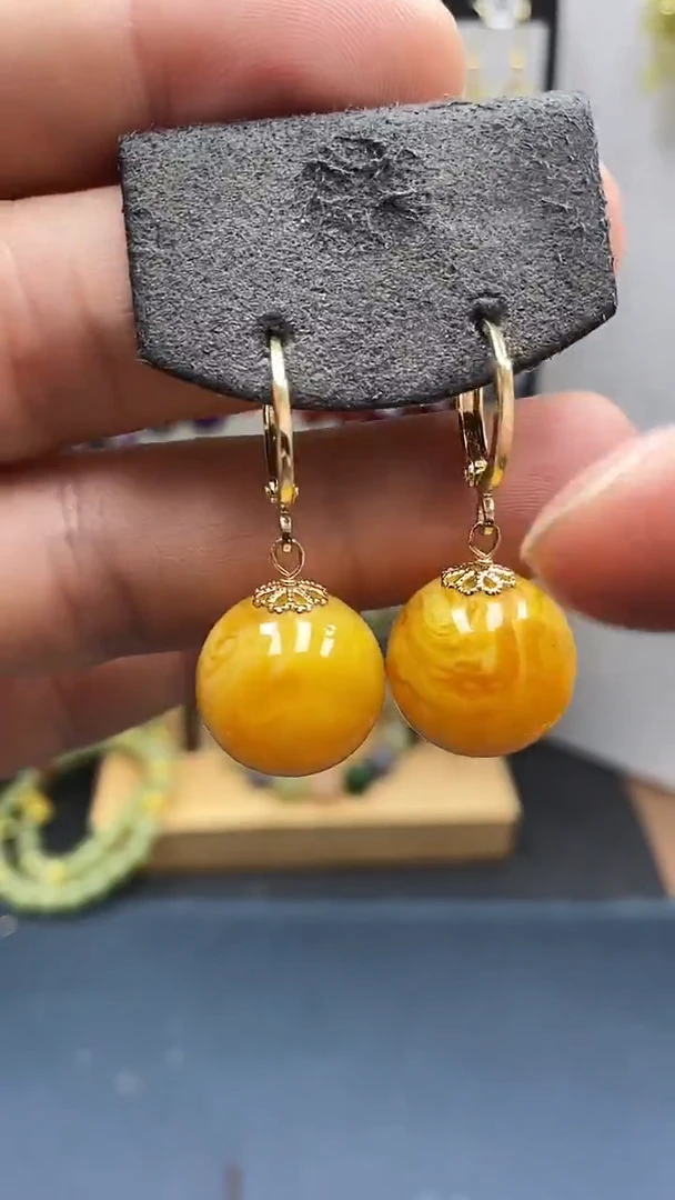 银S925镀金镶嵌蜜蜡耳饰尺寸16mm耳扣06