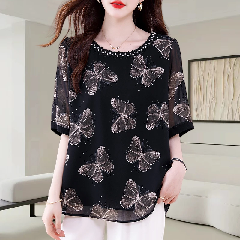 圆领钉珠短袖雪纺衫女2025夏季新款时尚宽松大码遮肉印花小衫上衣