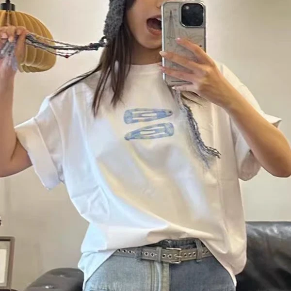 夏季韩系穿搭设计感小众白色可爱发夹印花短袖T恤独特超好看上衣