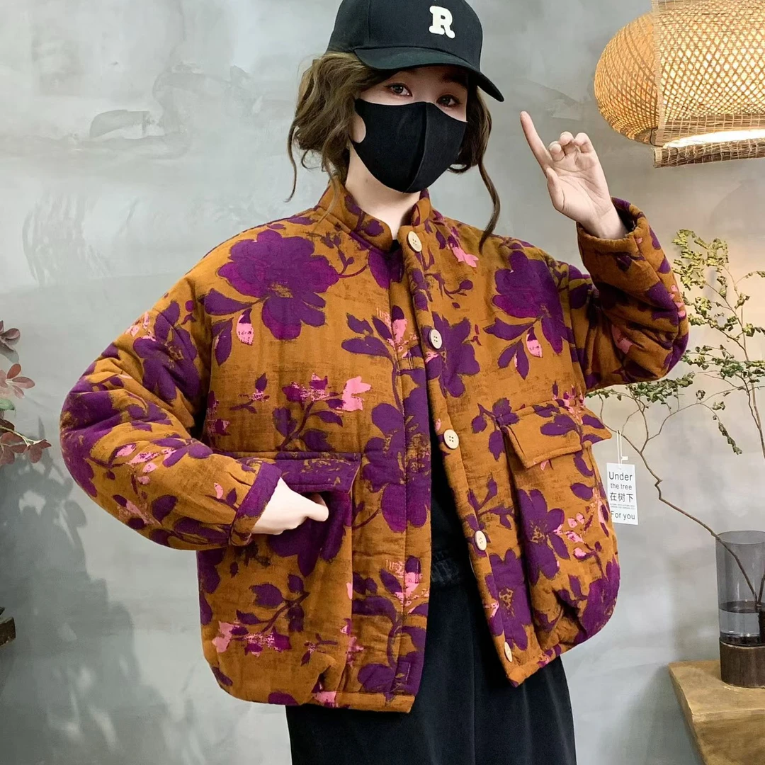 网红新款印花宽松保暖棉衣复古休闲百搭加绒加厚大码冬季棉服外套