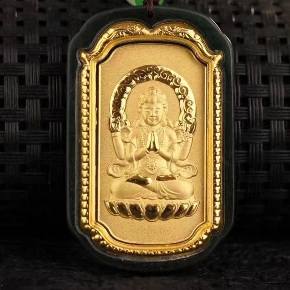 观音真金和田玉墨玉观音气质时尚百搭配珠链证书礼盒 镜面观音