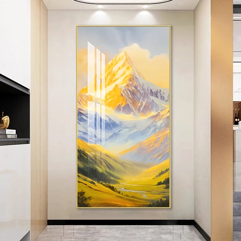 日照金山流水生财玄关画晶瓷挂画轻奢手工走廊好寓意壁挂画XG-904