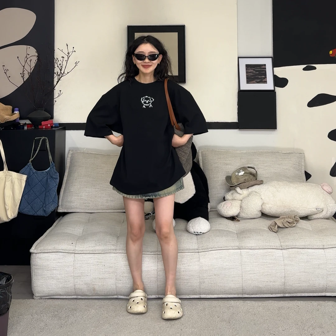 橘子罐头卫卫新款百搭黑色情侣潮酷纯棉休闲宽松刺绣T恤