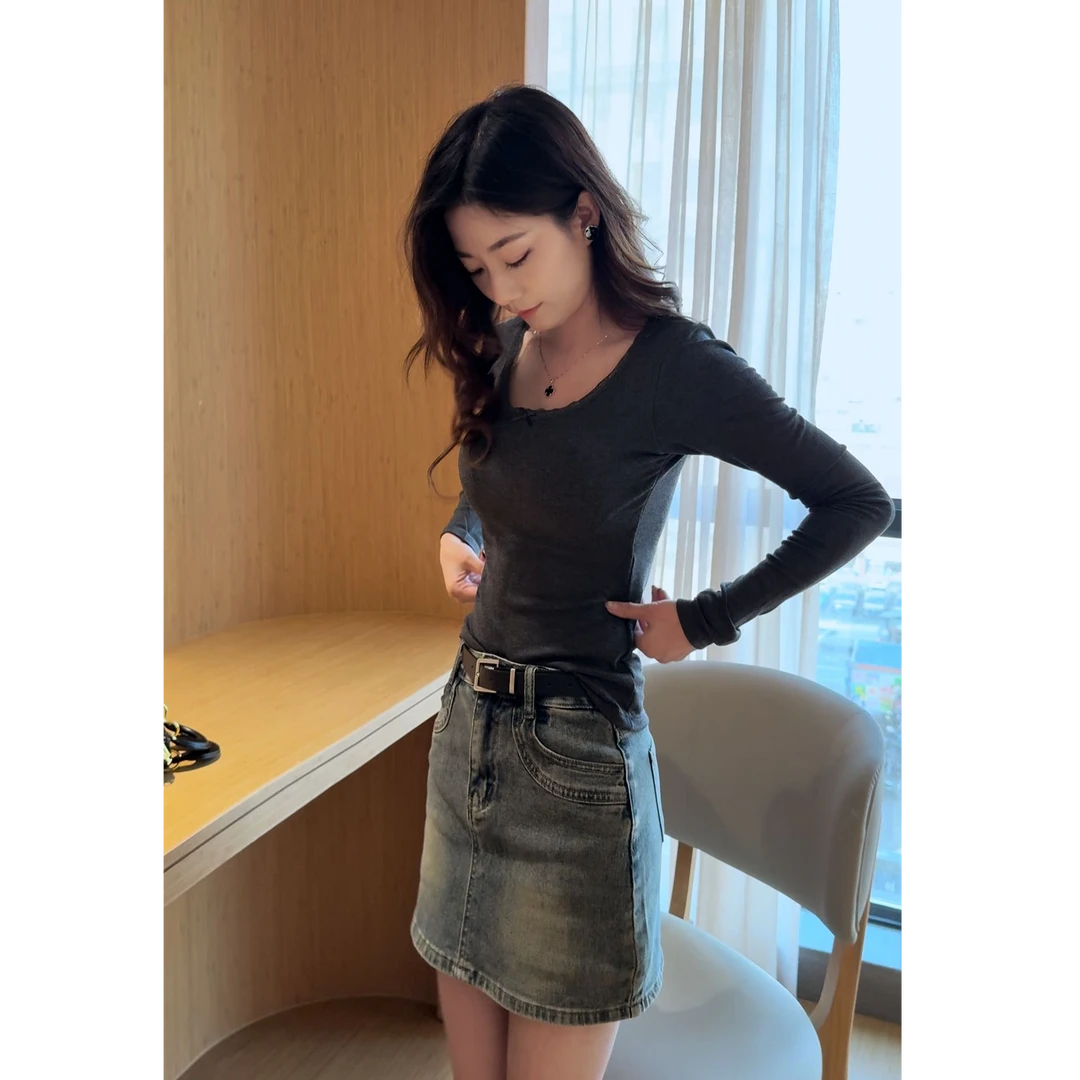 2025新款纯欲蕾丝花边U领长袖T恤修身百搭打底衫上衣➕高腰牛仔裙