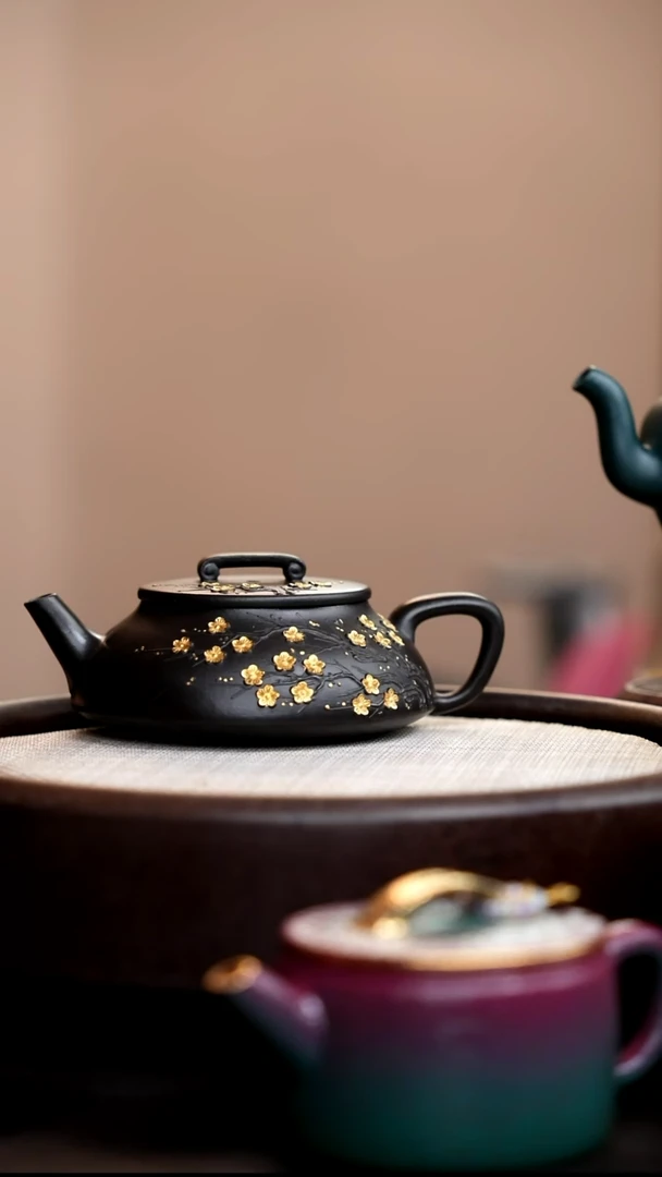 茶壶紫砂捂灰朱泥描金梅花如意吉瓢