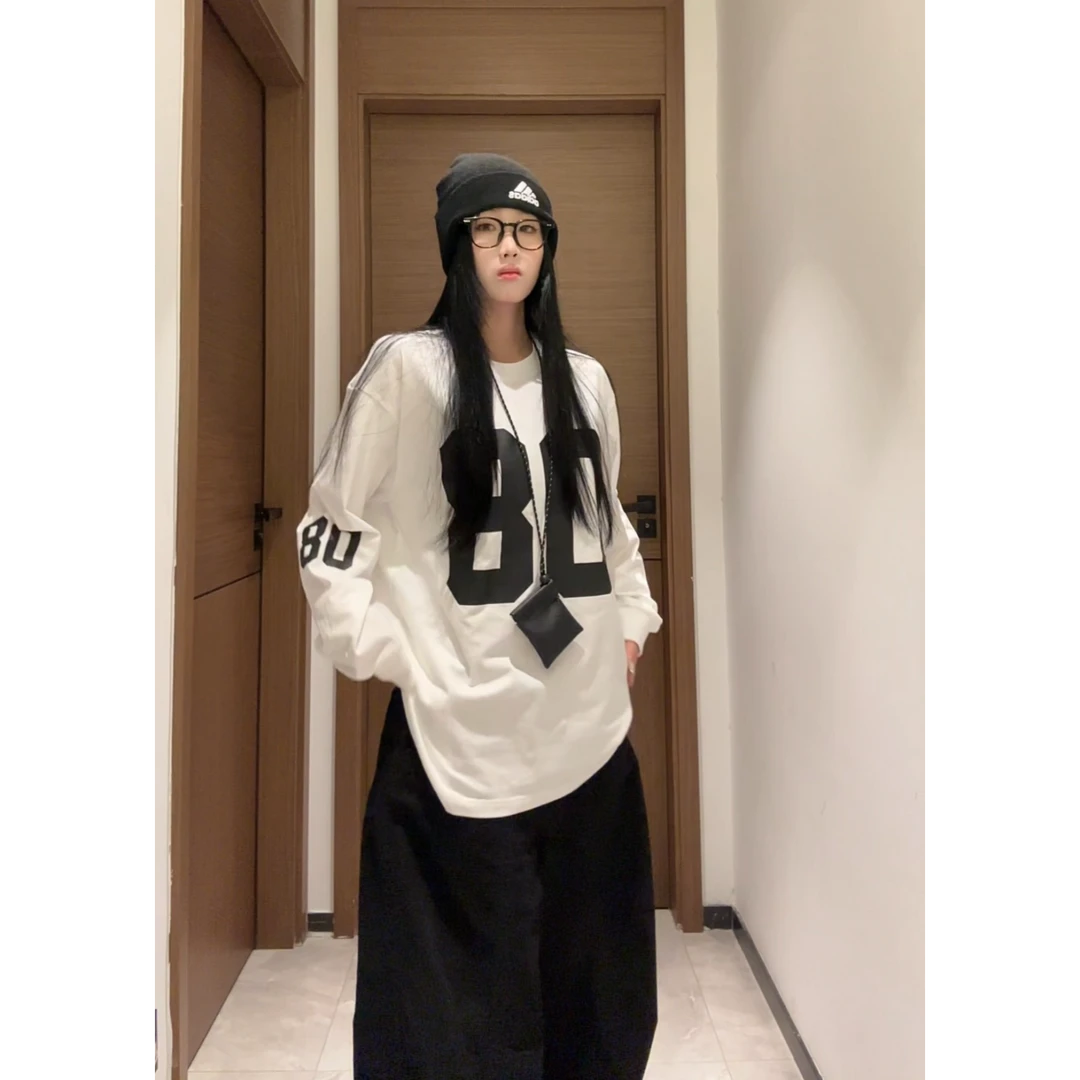 YWBY纯棉t恤宽松女装早秋季新款美式复古圆领长袖百搭新款上衣