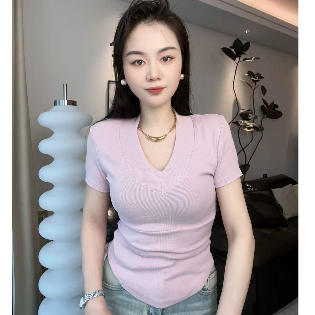 2025春季新款显瘦v领前后弧形下摆正肩T恤打底衫上衣