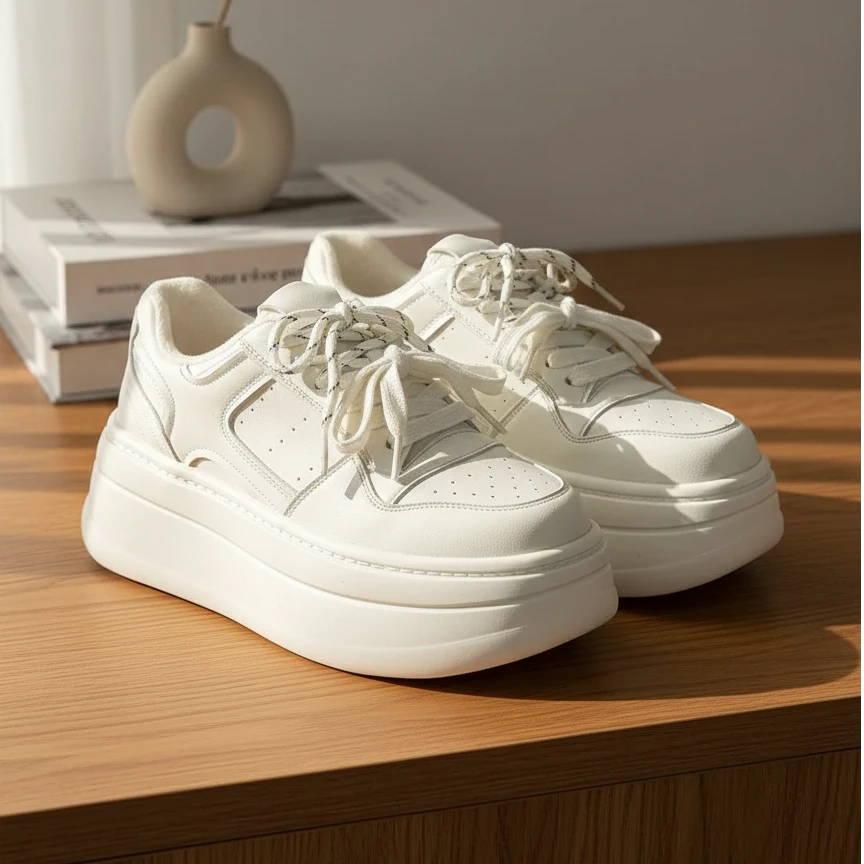 牛皮松糕6厘米厚底真皮小白鞋女2025小个子加绒保暖百搭休闲板鞋