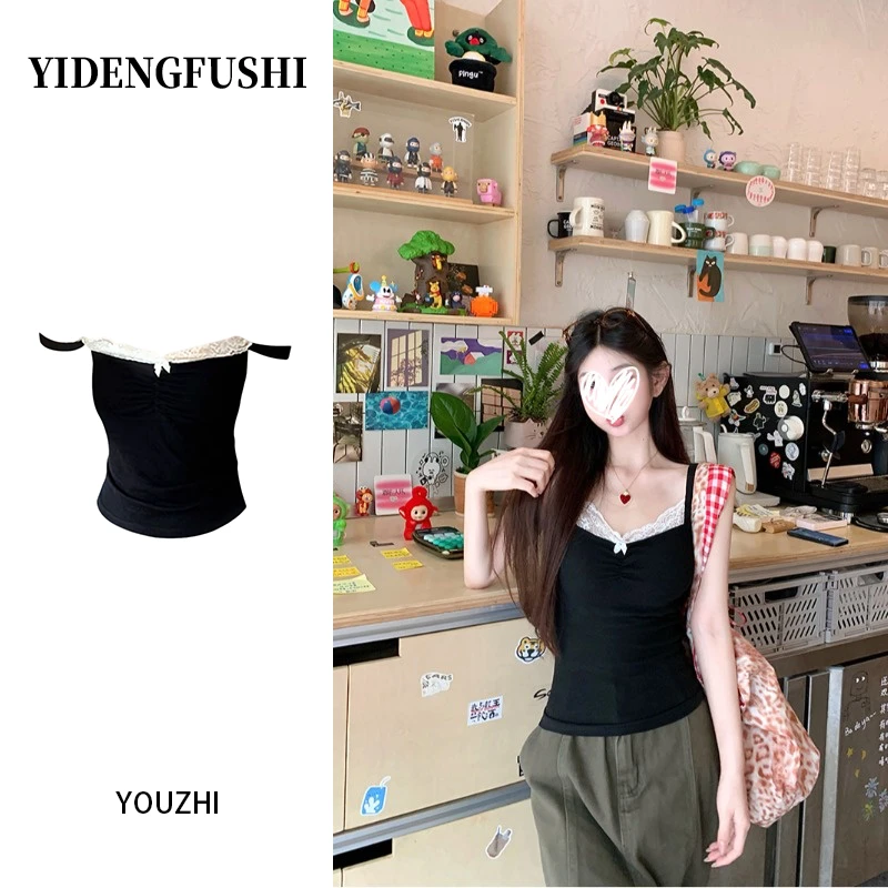 YIDENG黑色蕾丝吊带小背心女夏季带胸垫打底外穿短款性感辣妹上衣