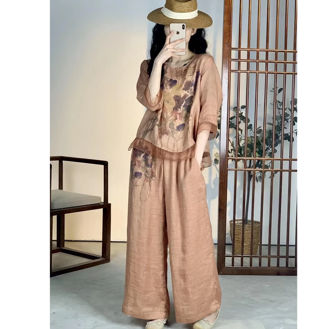 100%斜纹苎麻洋气衣服女夏季五分袖欧根纱拼接印花复古国风两件套