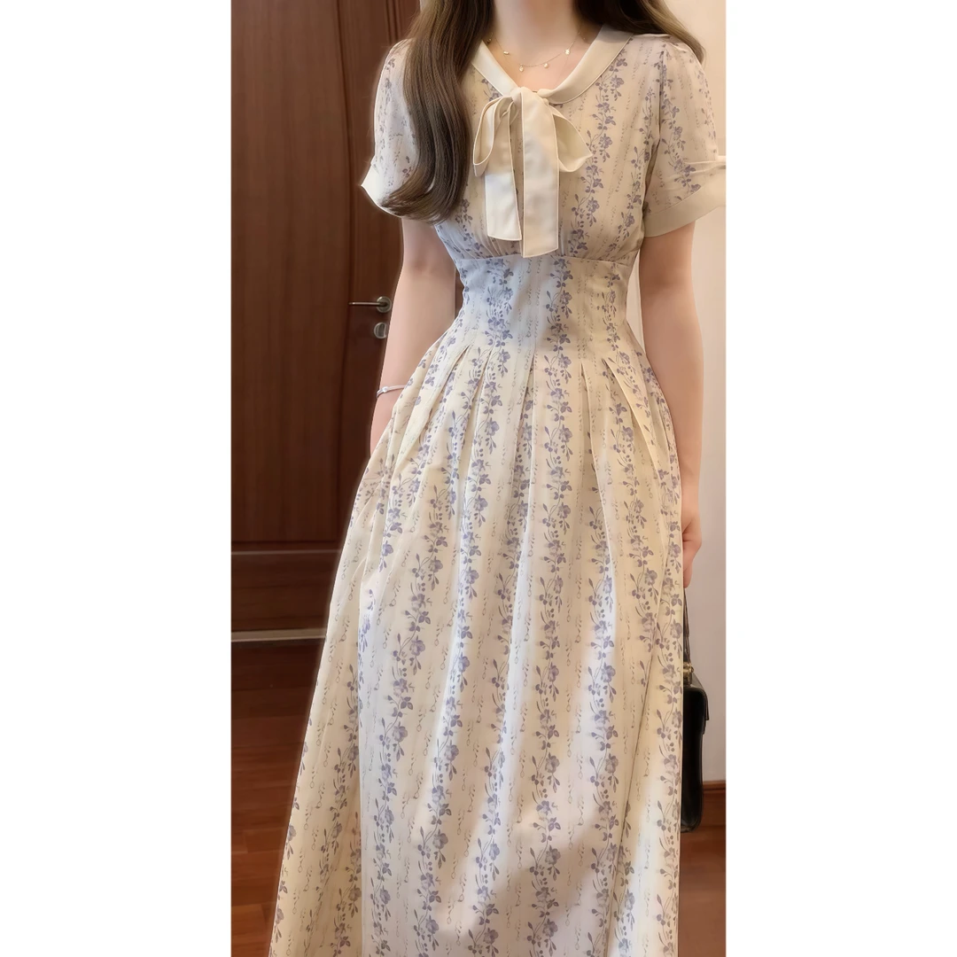古典主义法式蝴蝶结印花中长款短袖连衣裙夏季新中式国风长裙9652