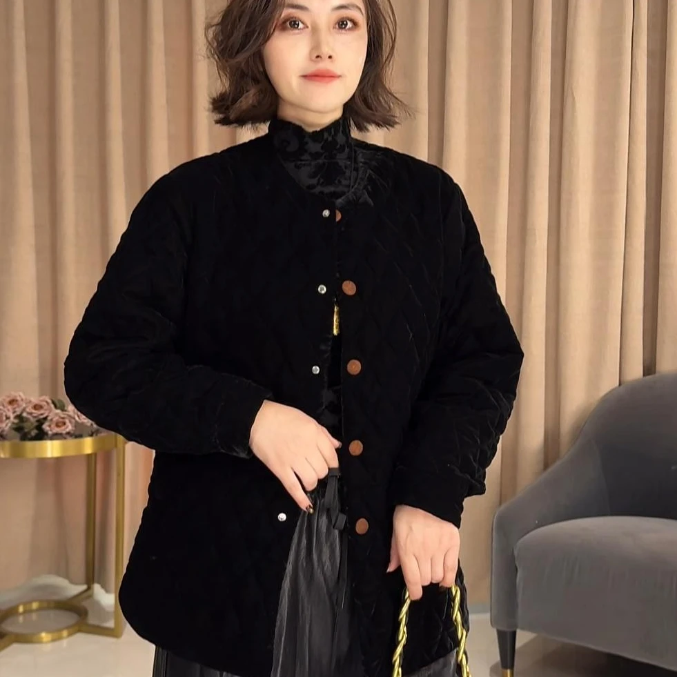 丝绒压格菱形格轻奢高级感洋气加厚棉衣百搭保暖冬季外套