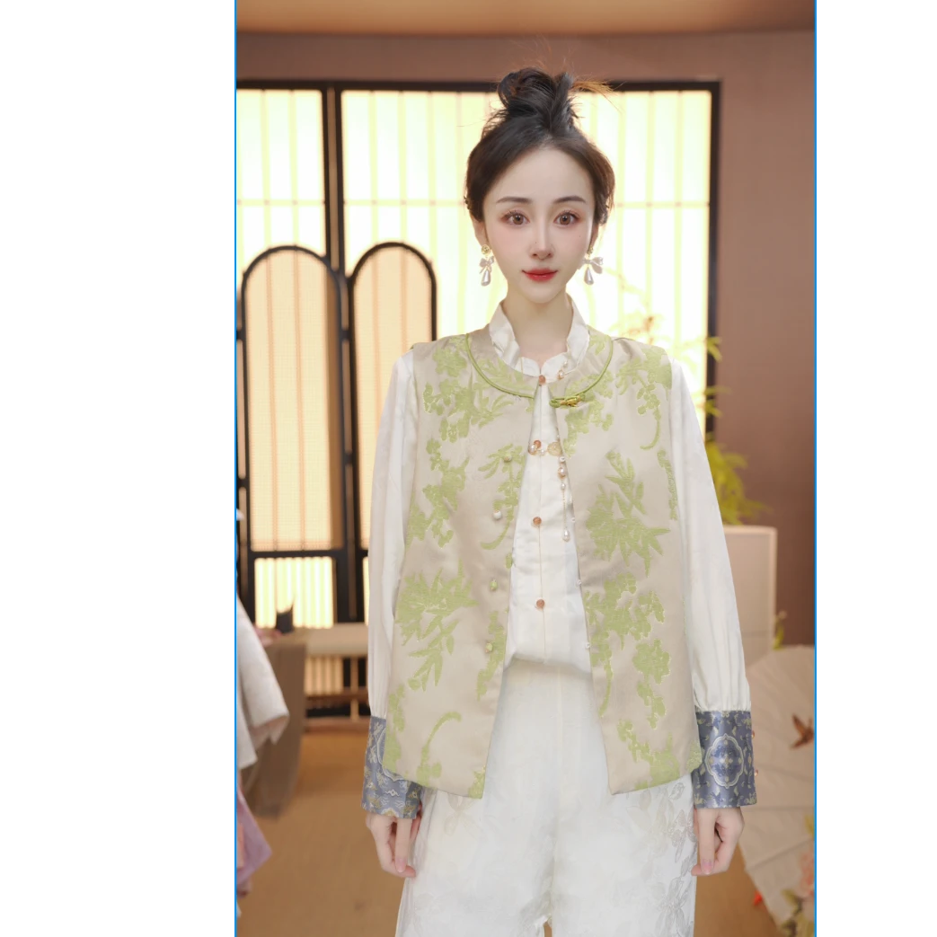 新中式2024秋上新绿色碎花马甲女上衣FB250209S5