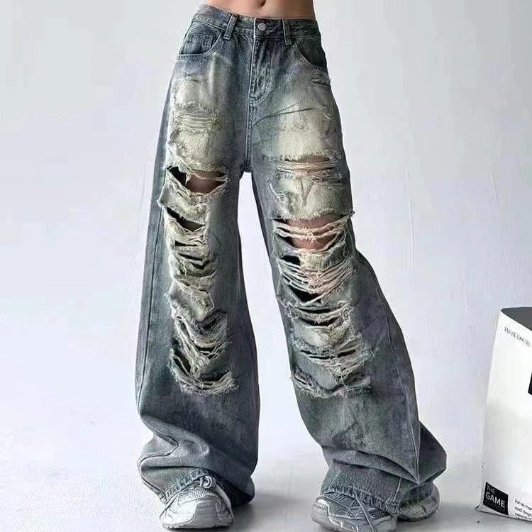 新直筒牛仔裤女薄款高街刺绣个性阔腿裤夏季欧美街头高腰破洞破洞