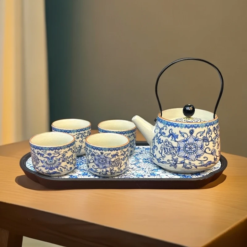 ZH3777缠枝莲提梁一壶四杯带茶盘
