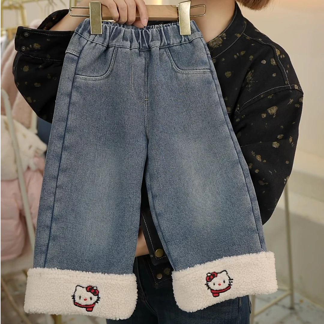 现货FF475女童冬季加绒加厚保暖猫咪刺绣牛仔裤