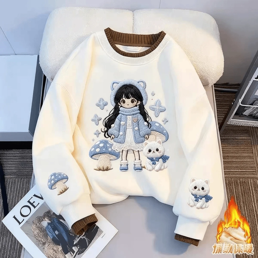 【现货】加绒加厚女童冬季圆领卫衣新款儿童休闲印花百搭长袖上衣