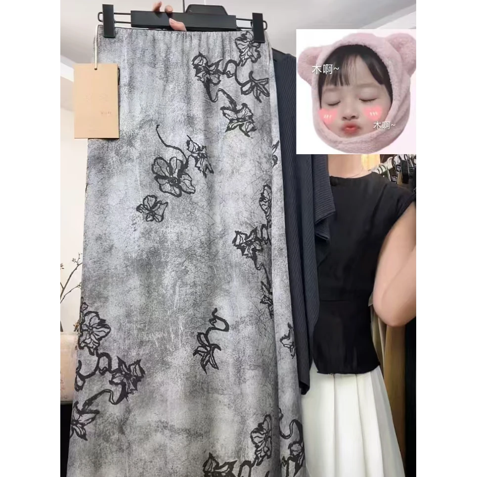 灰色时尚复古印花半身裙直筒垂感长裙修身显瘦国风半身裙ZB5034