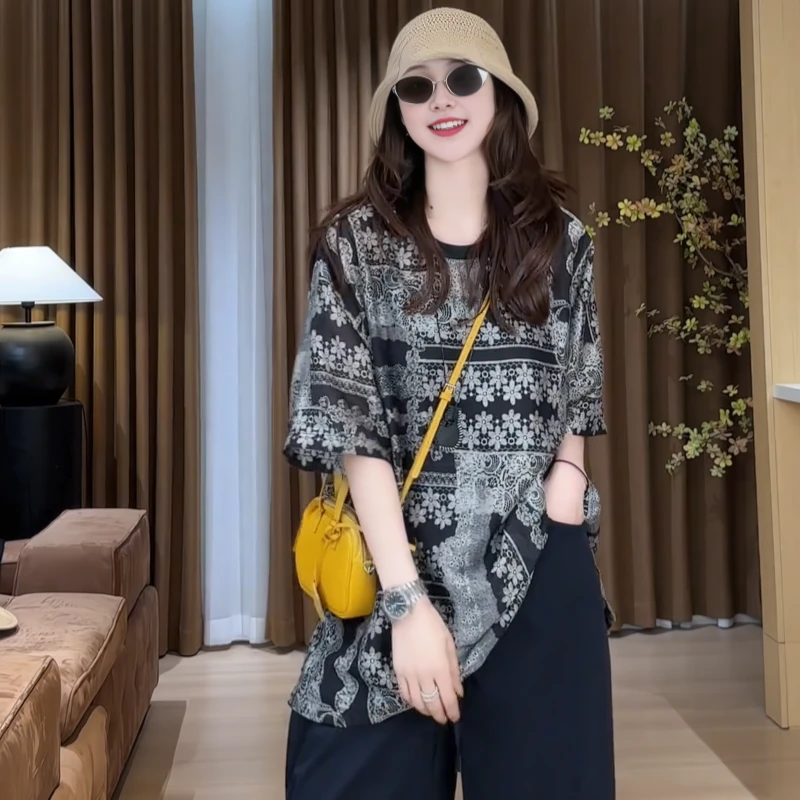 时尚设计感波西米亚风短袖T恤女2025夏季大码胖MM休闲百搭上衣潮
