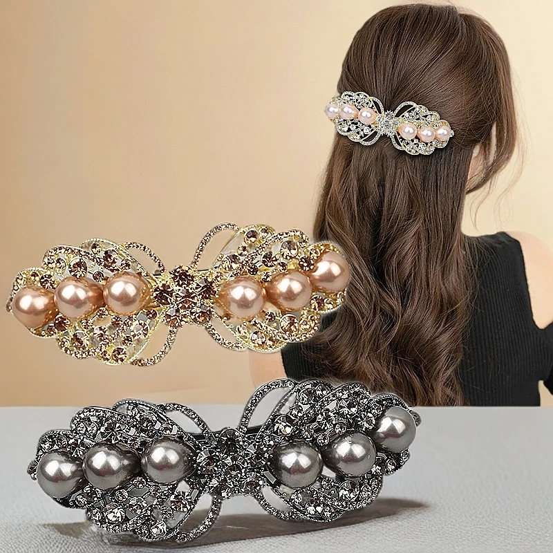 高品质气球珍珠蝴蝶结金属大号发夹女时尚气质带防滑套弹簧夹发卡