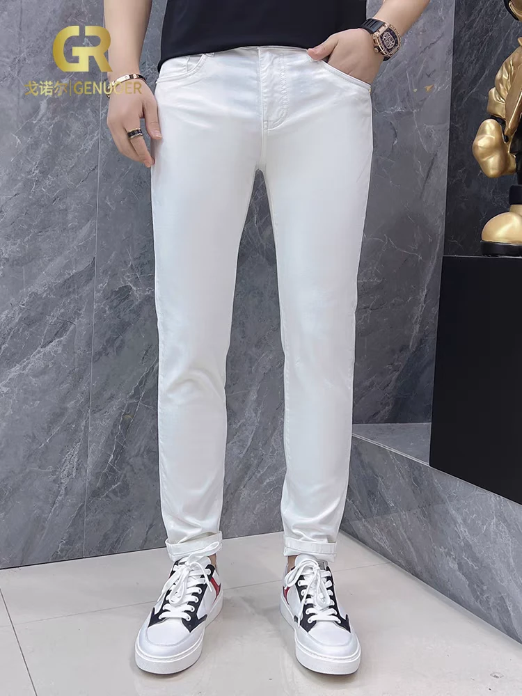 戈诺尔新款男士长裤子潮流白色修身小脚牛仔裤休闲百搭