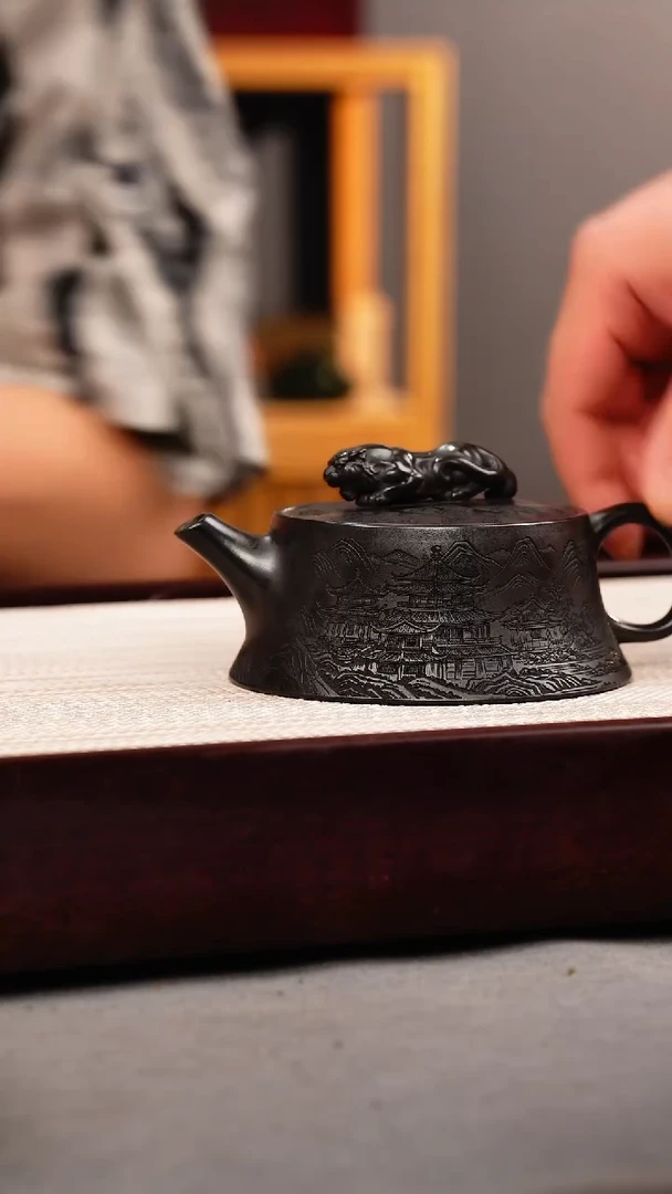 茶壶紫砂石黄 虎钮柱础 刻绘