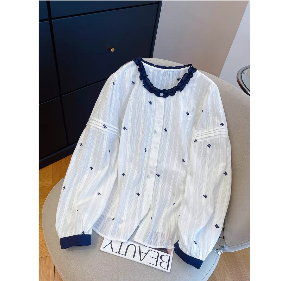 韩系刺绣花边领长袖衬衫女2025早秋宽松洋气设计感小众减龄上衣潮