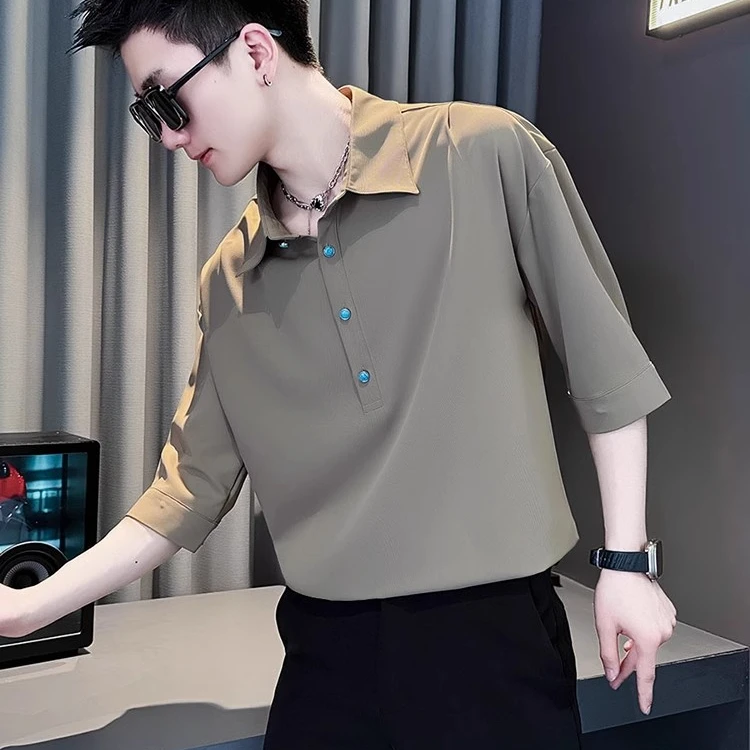 夏季短袖男纯色衬衫潮牌休闲男士衬衣2025新款五分袖高级感冰丝潮