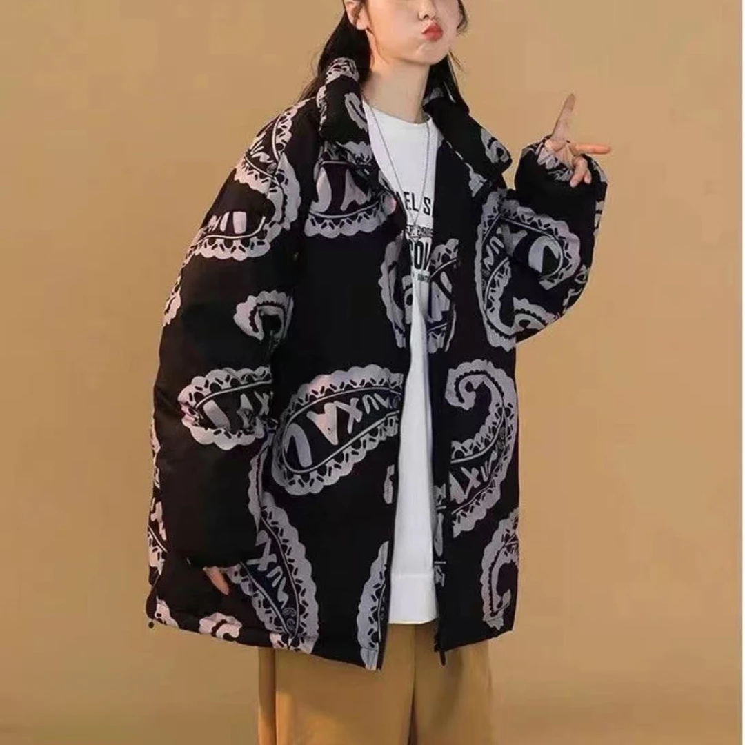 男女同款潮牌秋冬满印花立领宽松休闲保暖羽绒服4805