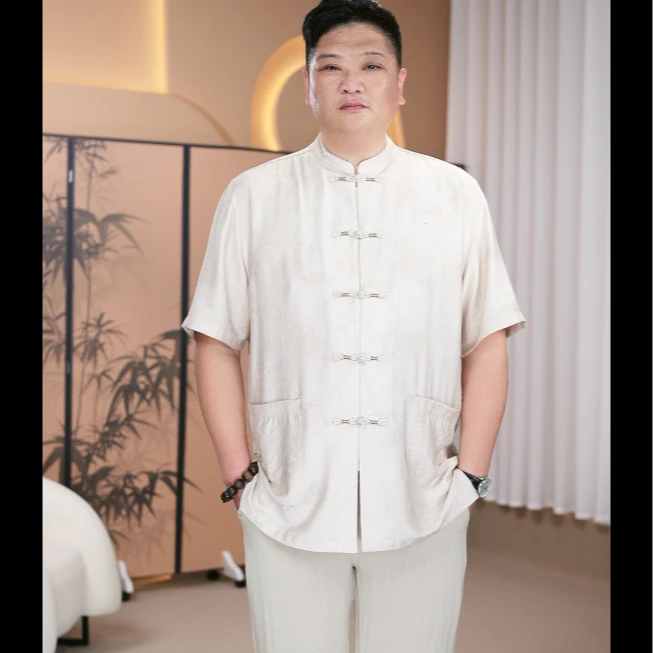 大码男士夏季中国风唐装短袖衬衫棉麻透气休闲薄款亚麻中式套装