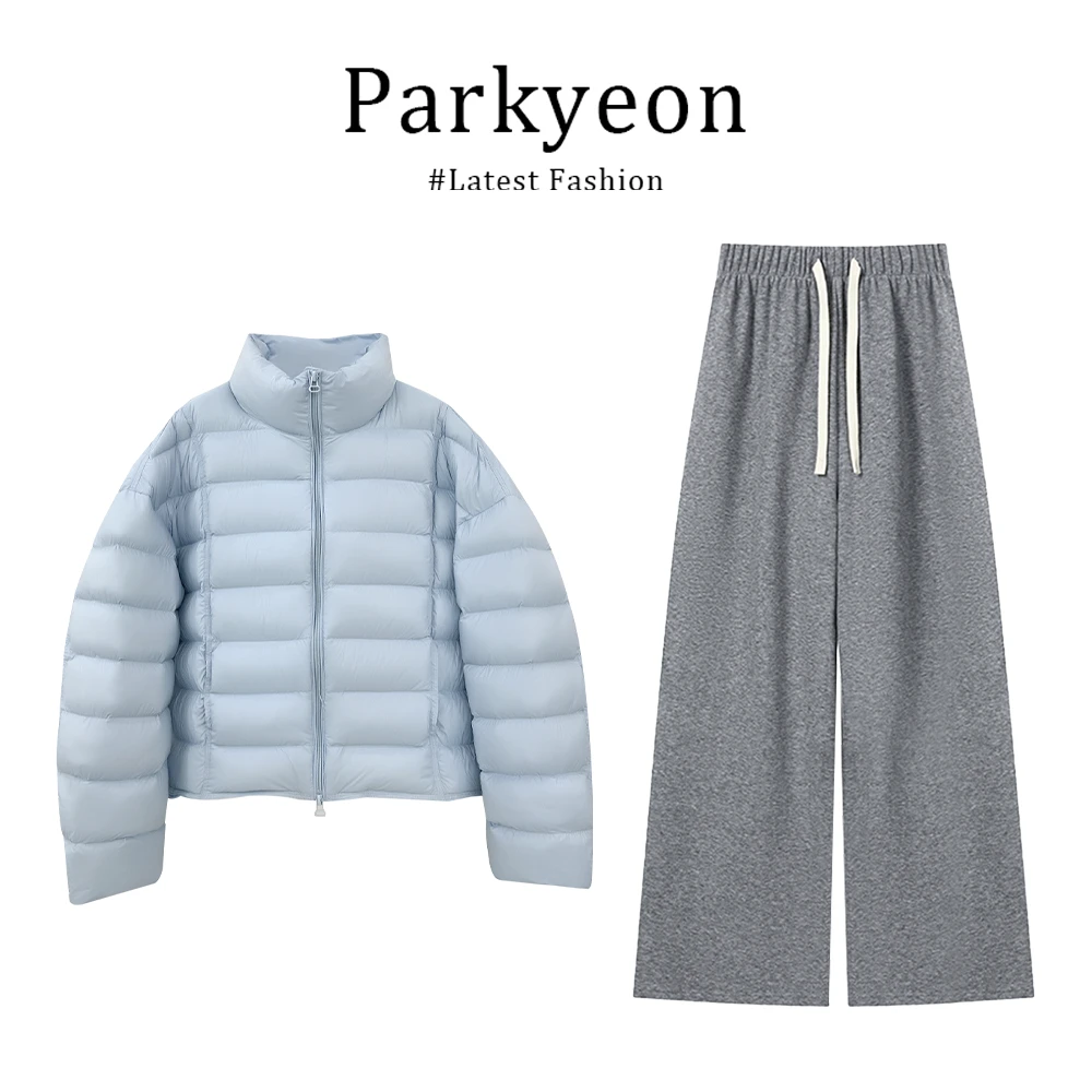 parkyeon浅蓝色长袖面包服外套2025冬季灰色阔腿拖地休闲裤套装