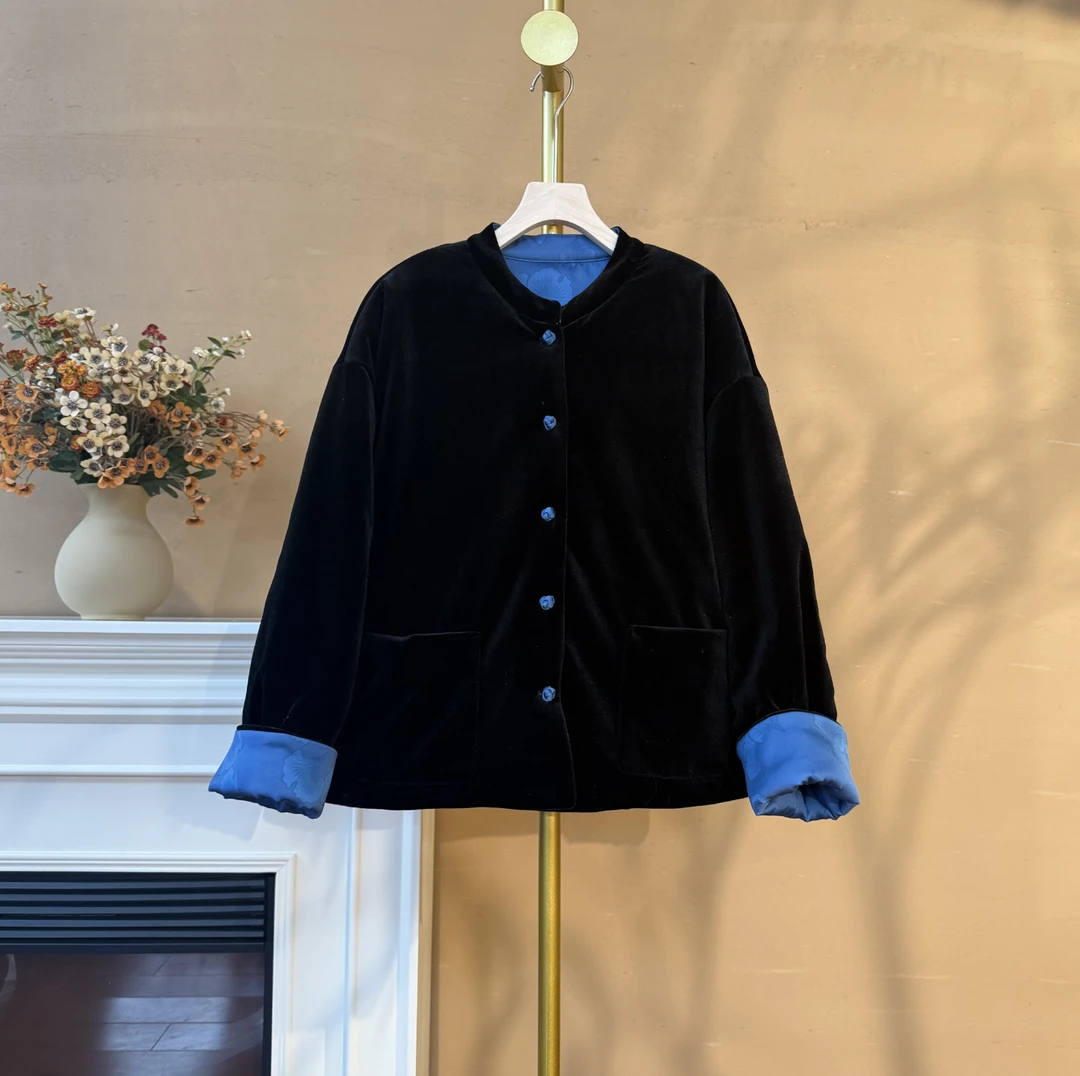 [若南]Q223冬季新中式宽松双面穿丝缎棉外套女国风复古女装