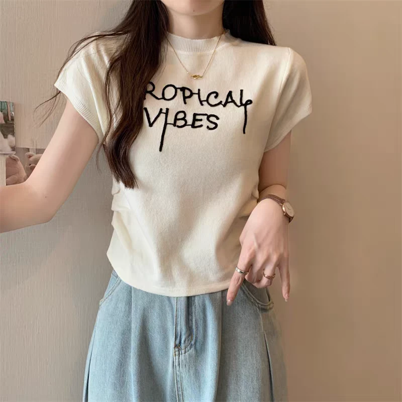 L355美式2024春夏新款重工字母印花短款上衣百搭显瘦针织t恤女装