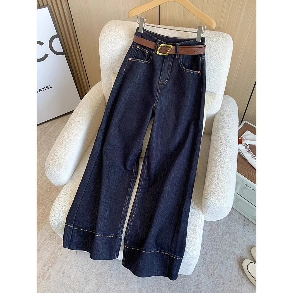 丹宁蓝爆款阔腿牛仔裤女春秋季2024新款小个子直筒裤