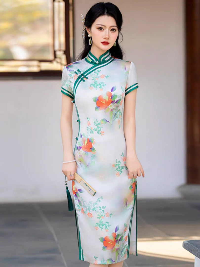 夏季旗袍中长款改良版复古中国风妈妈日常年轻款气质旗袍(红花)