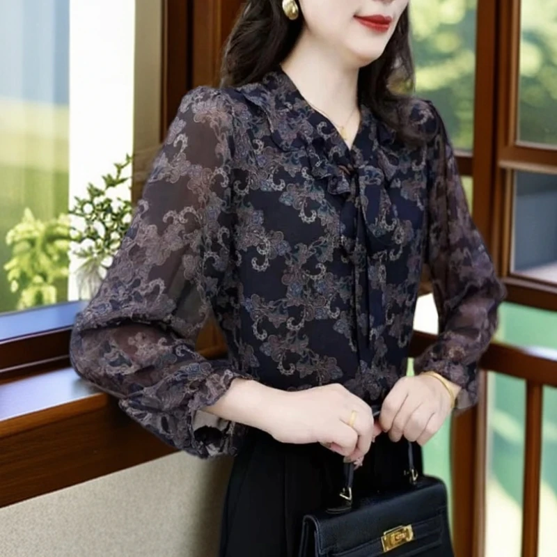 2025气质时尚1t印花飘带衬衫高级洋气长袖新款宽松百搭秋冬851