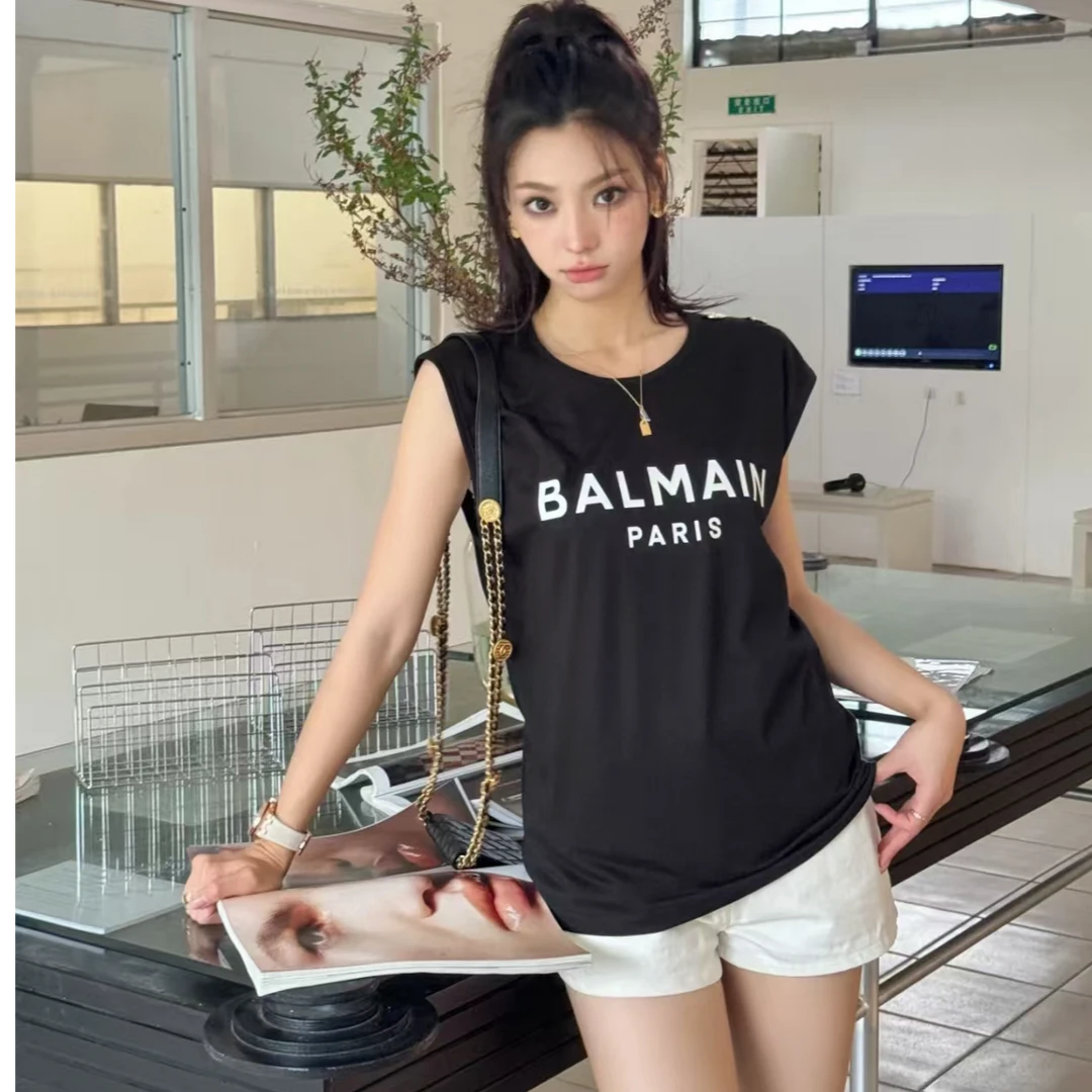 全新未使用 BALMAIN/巴尔曼 黑色字母印花无袖T恤/S码