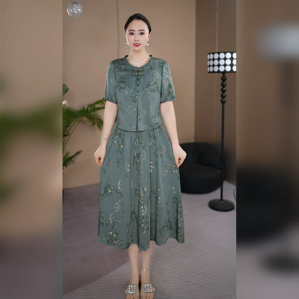 端庄大气连衣裙女2025夏季新款妈妈装气质减龄显瘦中长款过膝裙子